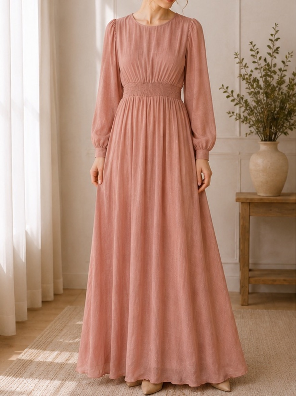 Elegant Long-Sleeve Rose Maxi Dress